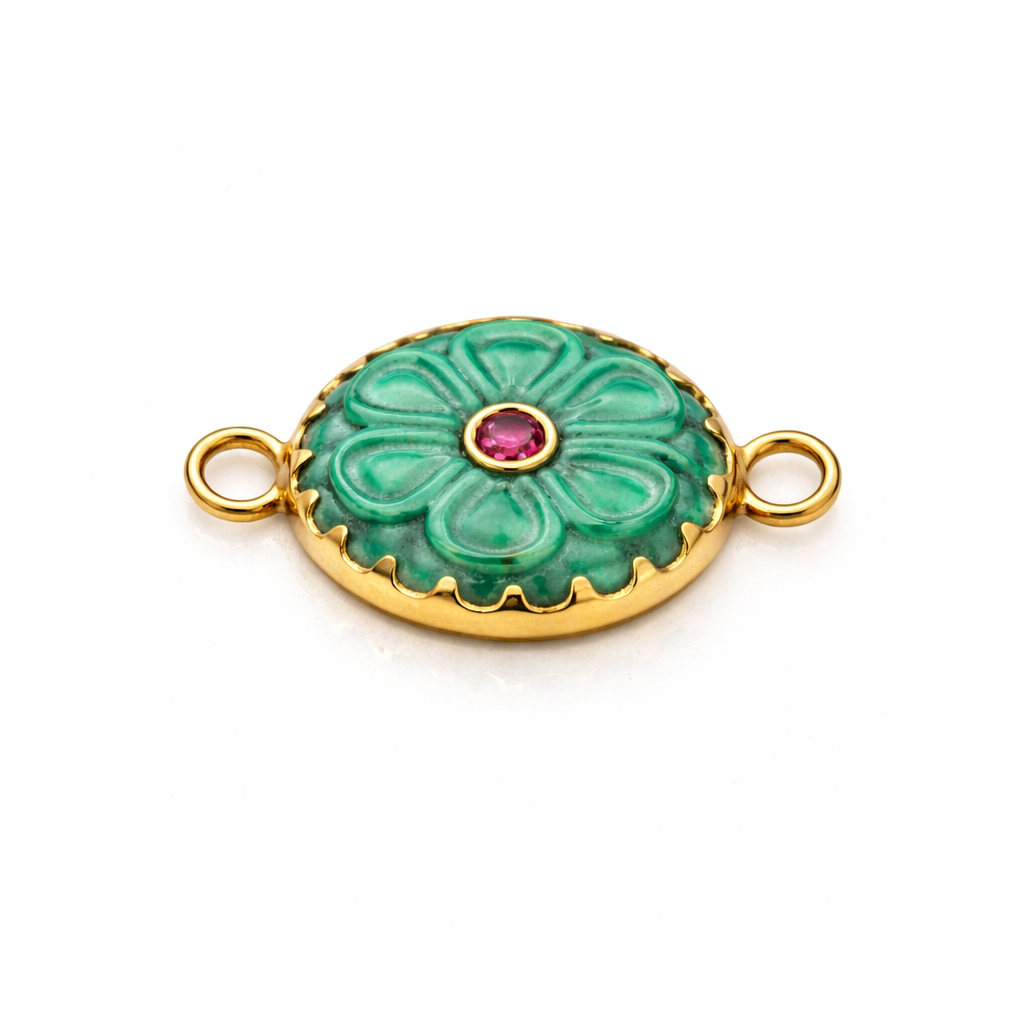 Carved Flower Clasp with Ruby – 18K Gold (Made to Order)