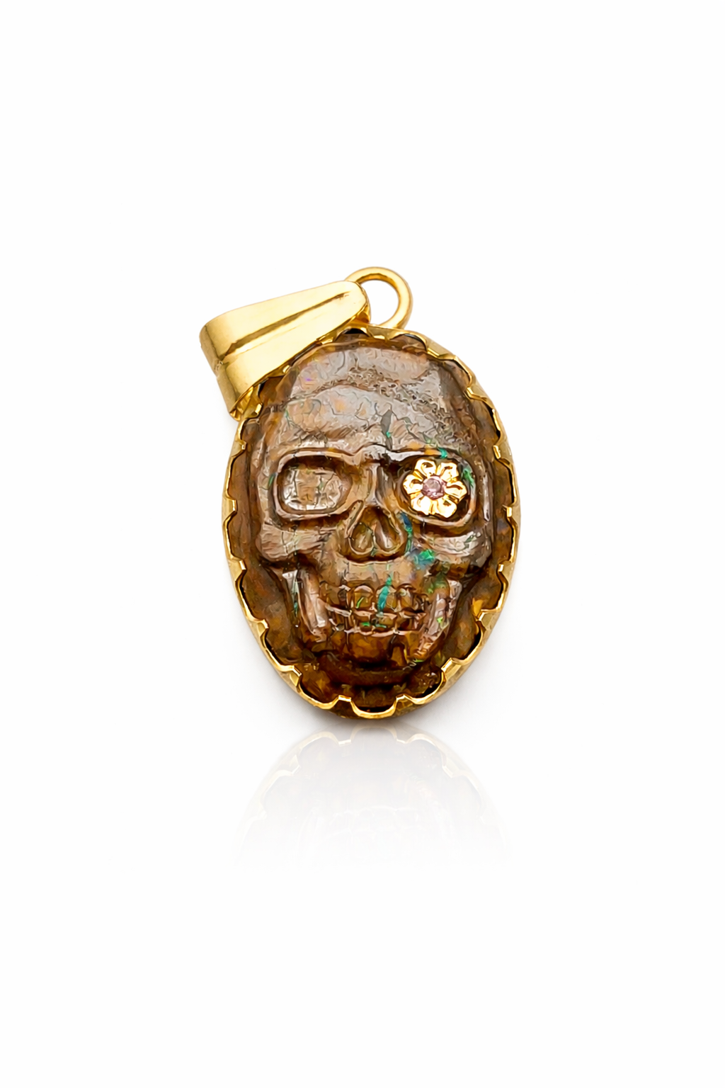 One of a Kind Koroit Opal Skull Pendant with Pink Sapphire – 18K Gold