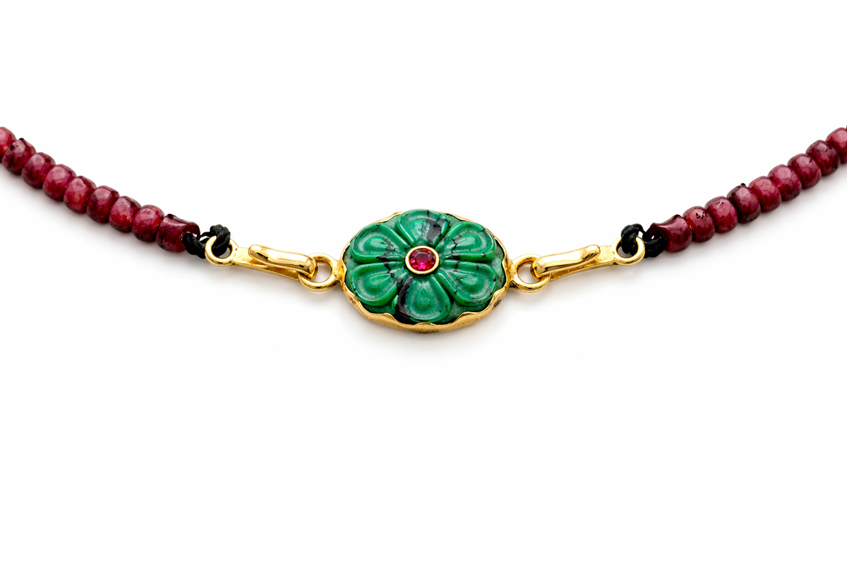 Carved Flower Clasp with Ruby – 18K Gold (Made to Order)