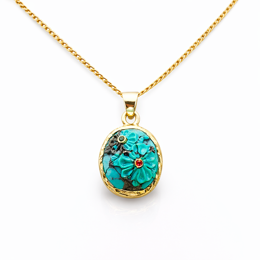 Handcrafted 18k Gold Pendant with Carved Turquoise and Rubies — Made to Order