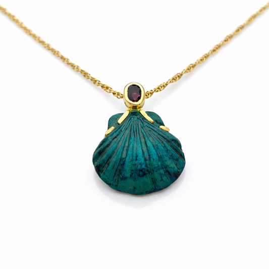 Carved Eilat Stone Shell Pendant with Ruby – 18K Gold (Made to Order)