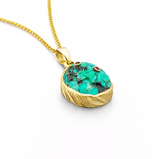 Handcrafted 18k Gold Pendant with Carved Turquoise and Rubies — Made to Order