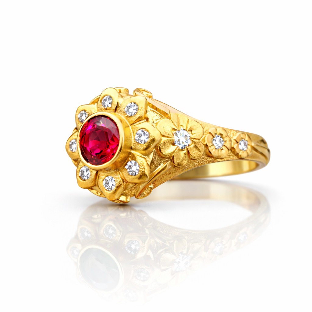 Ruby & Diamond Floral Ring – 18K Gold (Made to Order)